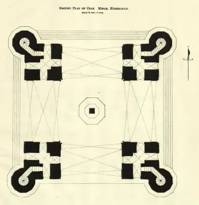 Ground plan of the Charminar: four L-shaped corner masses with round staircases, open arches between them on each side, and a small octagonal cistern in the centre.