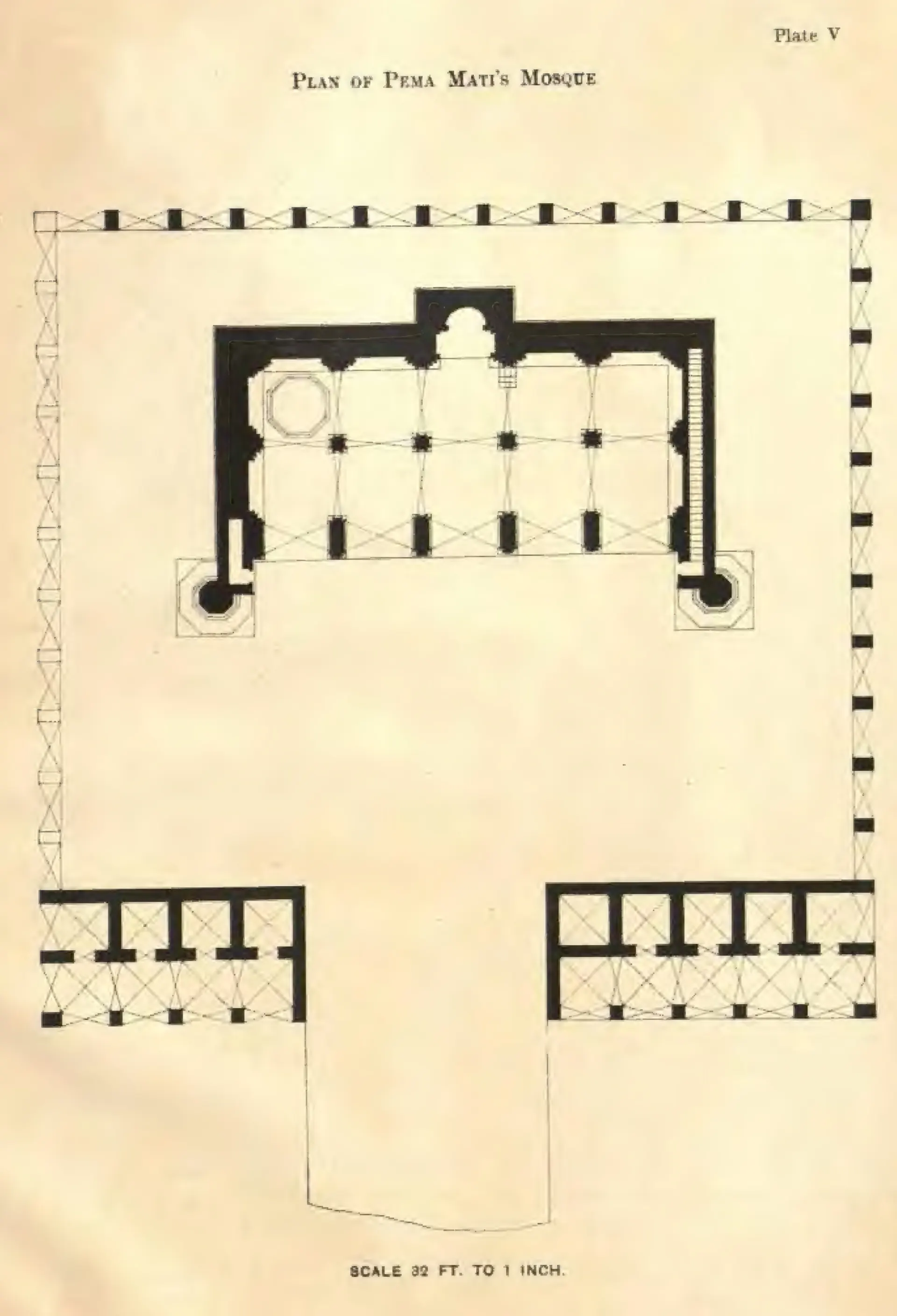 Plan of the mosque on its square terrace: the double prayer hall with two minarets at the top, a dotted line of arches round the terrace edge and rows of cells at the bottom.