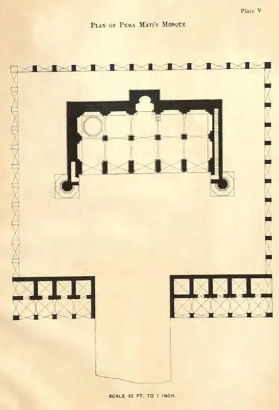 Plan of the mosque on its square terrace: the double prayer hall with two minarets at the top, a dotted line of arches round the terrace edge and rows of cells at the bottom.