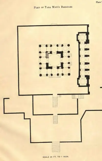 Plan of the pavilion on its terraces: a square arcaded building at the top, an arcade of cells along one side and stepped terraces with stairs below.