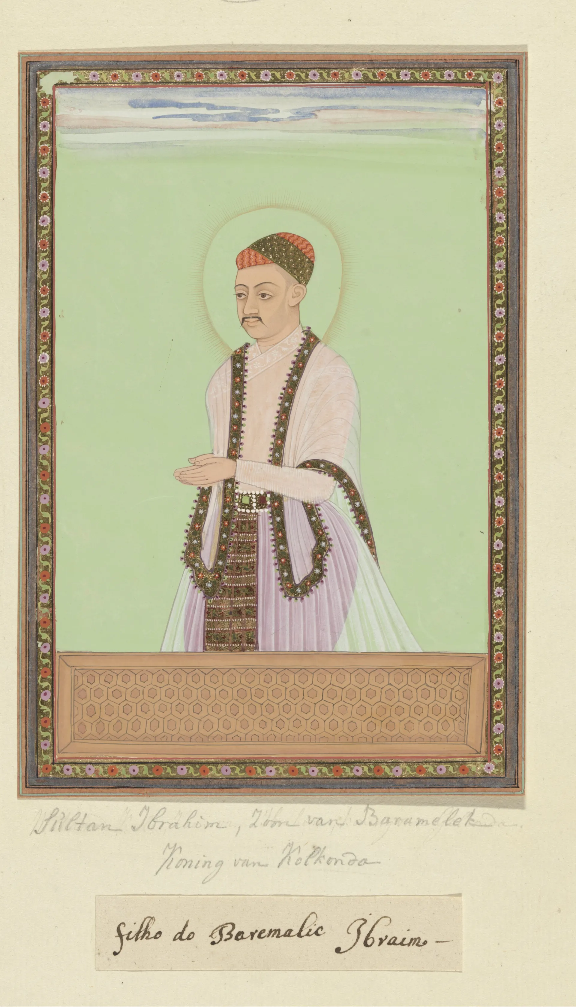 Deccani painting of a standing man in a pale robe with a dark sash, a halo round his head, on a green ground, with inscriptions in ink above and below the border.