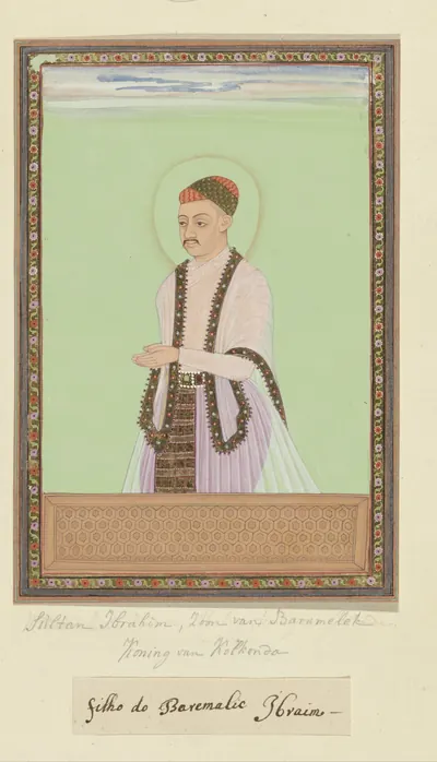 Deccani painting of a standing man in a pale robe with a dark sash, a halo round his head, on a green ground, with inscriptions in ink above and below the border.