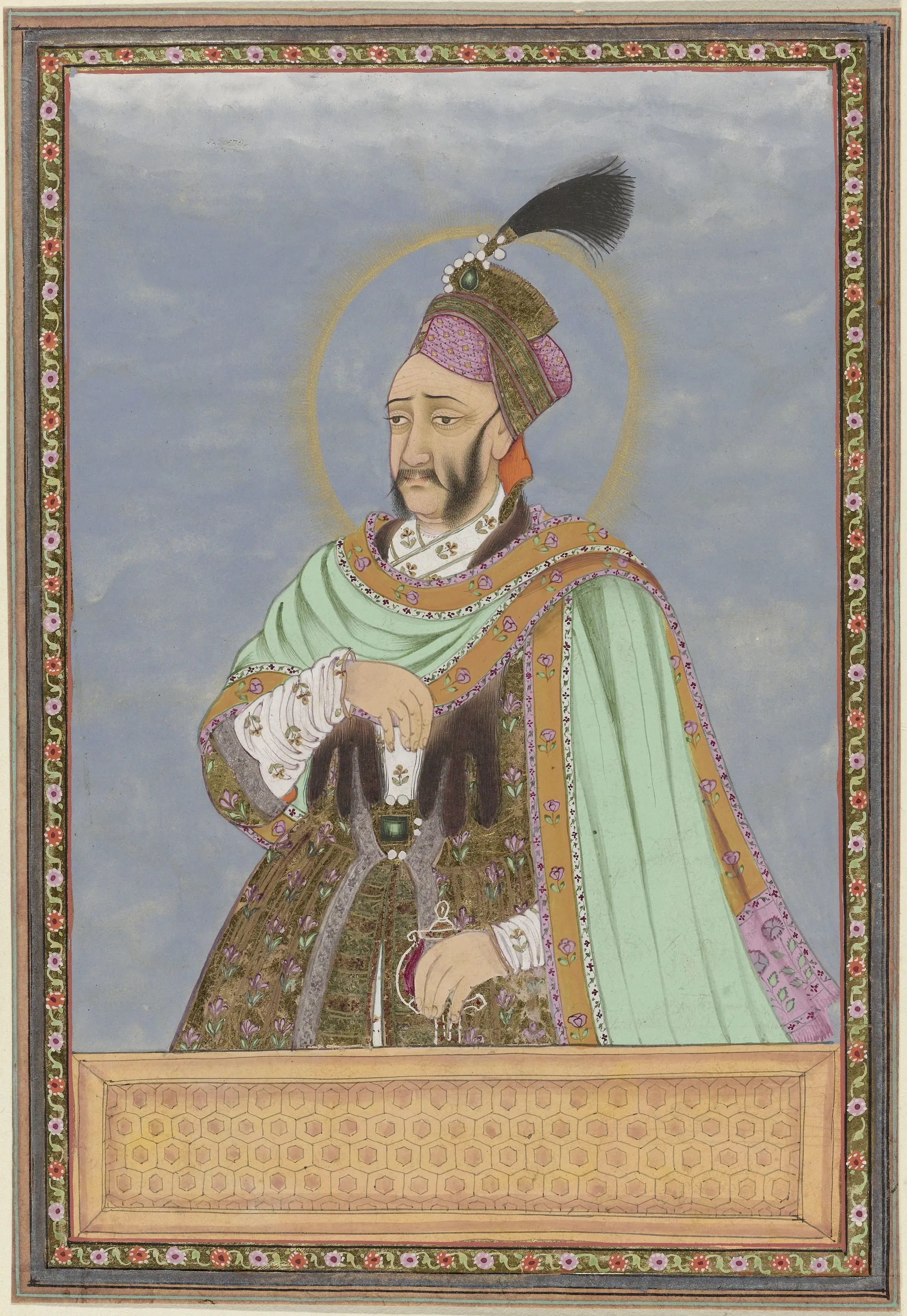 Deccani painting of a bearded ruler in a green and gold coat and a turban with a black plume, a halo round his head, against a blue ground.