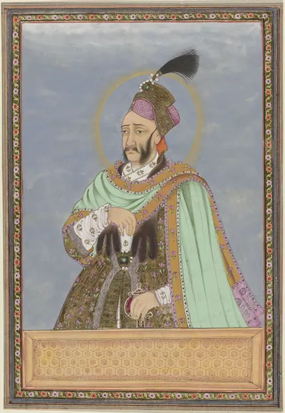 Deccani painting of a bearded ruler in a green and gold coat and a turban with a black plume, a halo round his head, against a blue ground.