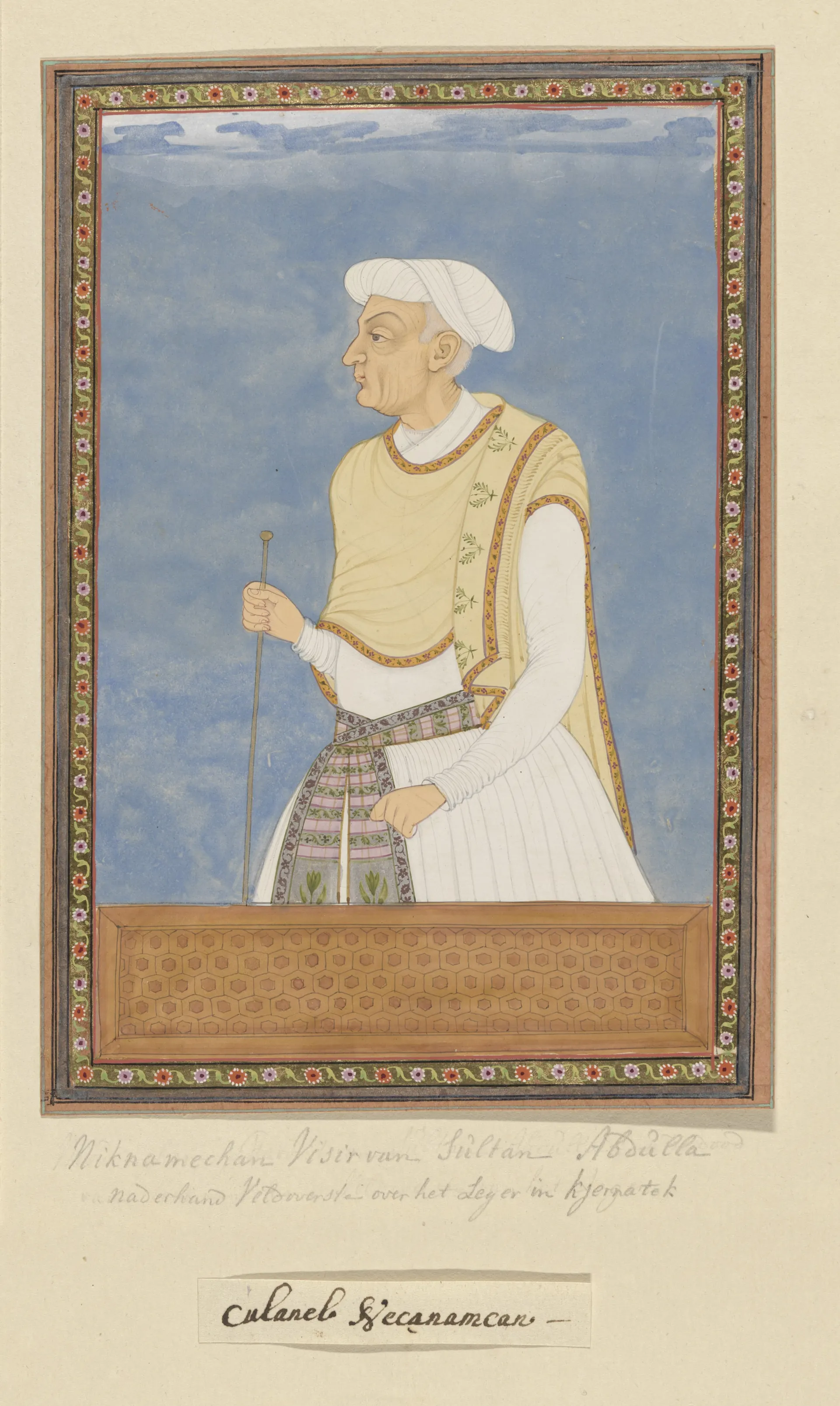Deccani painting of an elderly nobleman in a white turban and a yellow jacket over a white robe, leaning on a staff, against a blue ground in a decorated border, with ink labels below.