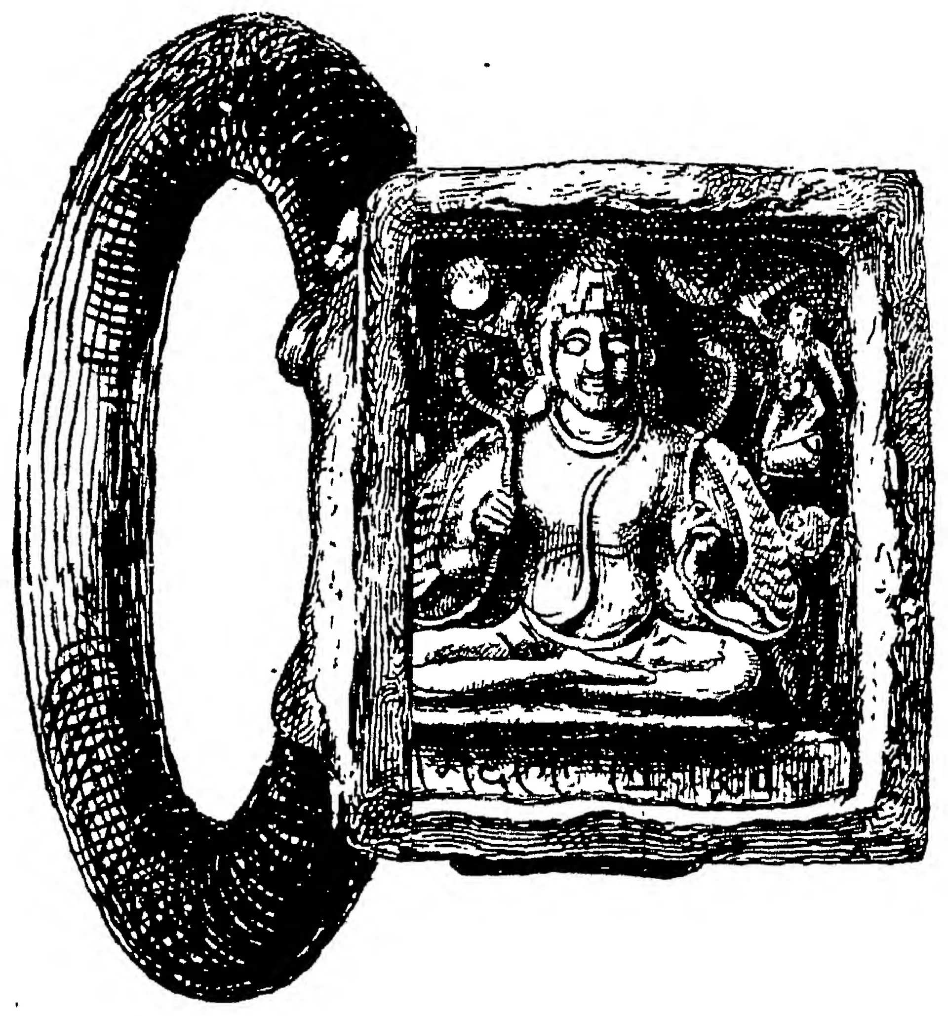 Drawing of a thick copper ring soldered into a square seal; in a sunk panel the god Siva sits cross-legged holding a snake in each hand, with the sun and moon above him and small figures in the upper corners.