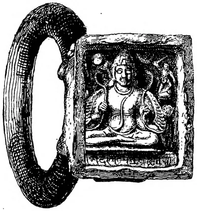 Drawing of a thick copper ring soldered into a square seal; in a sunk panel the god Siva sits cross-legged holding a snake in each hand, with the sun and moon above him and small figures in the upper corners.