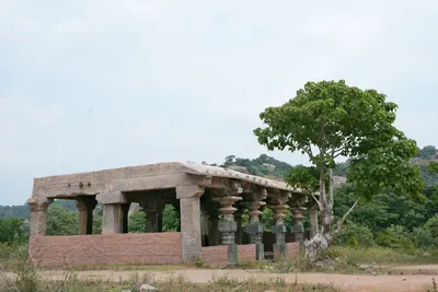 Colour photograph of a ruined flat-roofed stone hall with a row of carved square pillars on a raised plinth, a tree growing beside it and wooded hills behind.