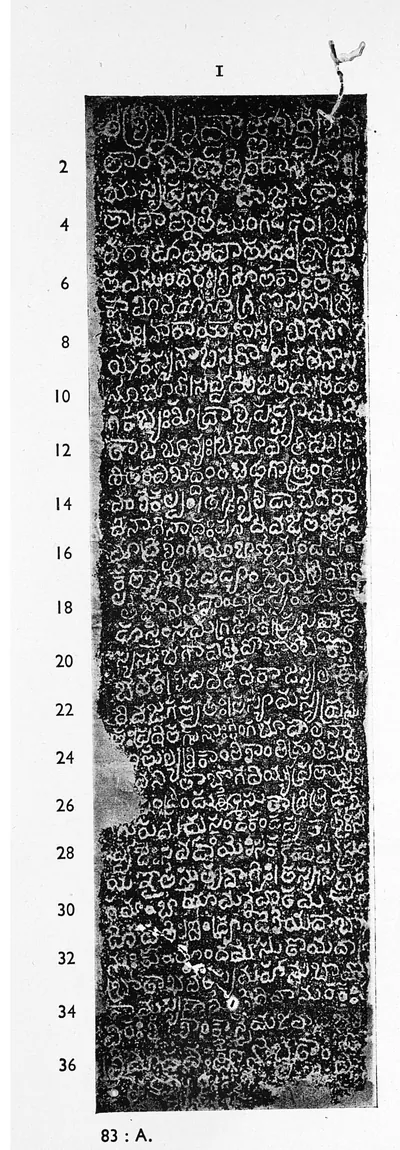Photograph of an ink impression of a tall narrow inscribed stone face, white Telugu letters on a black ground in close lines, with even line numbers 2 to 36 in the left margin.