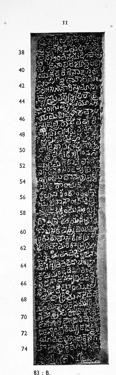 Photograph of an ink impression of a narrow inscribed stone face, white Telugu letters on black in close lines, with line numbers 38 to 74 in the left margin.