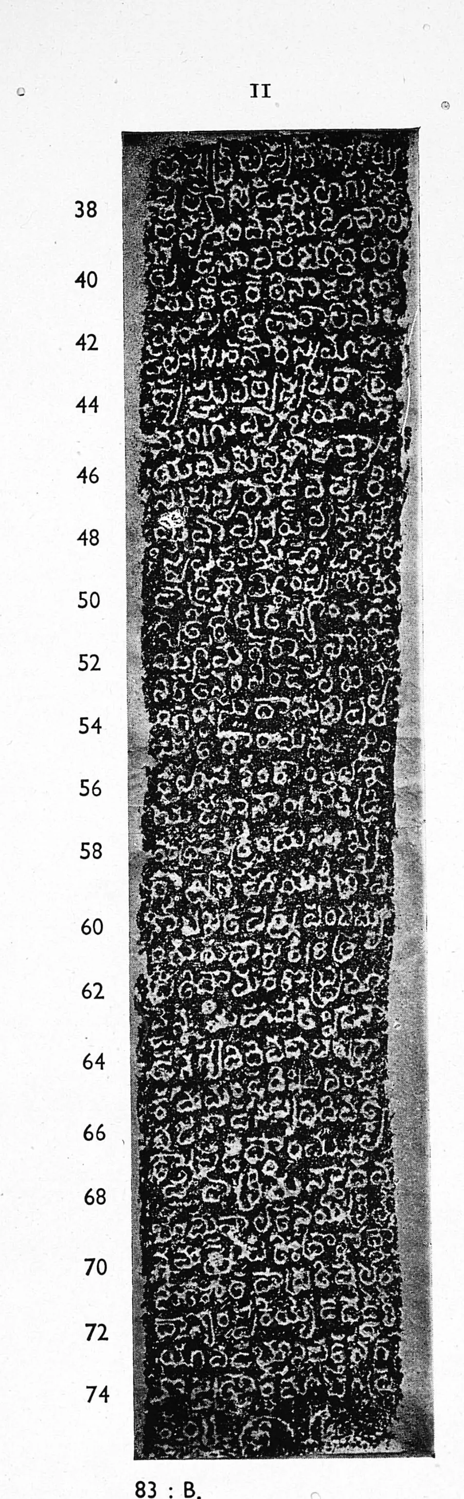 Photograph of an ink impression of a narrow inscribed stone face, white Telugu letters on black in close lines, with line numbers 38 to 74 in the left margin.