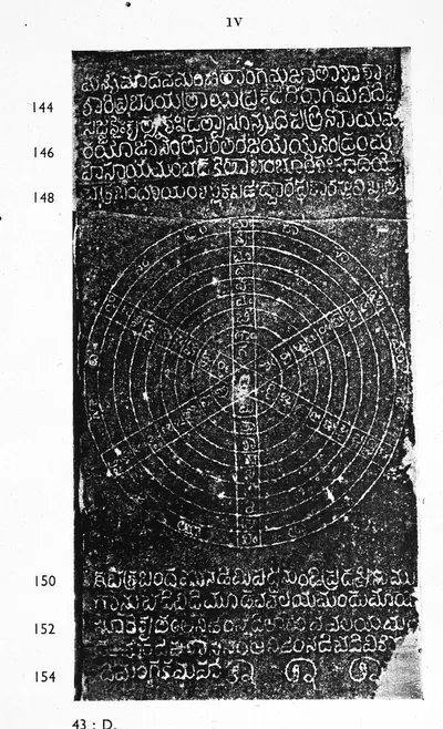 Photograph of an ink impression of an inscribed stone face with three lines of Telugu letters above a large circular diagram of concentric rings and spokes filled with letters, and three more lines below it; line numbers 144 to 154 in the left margin.