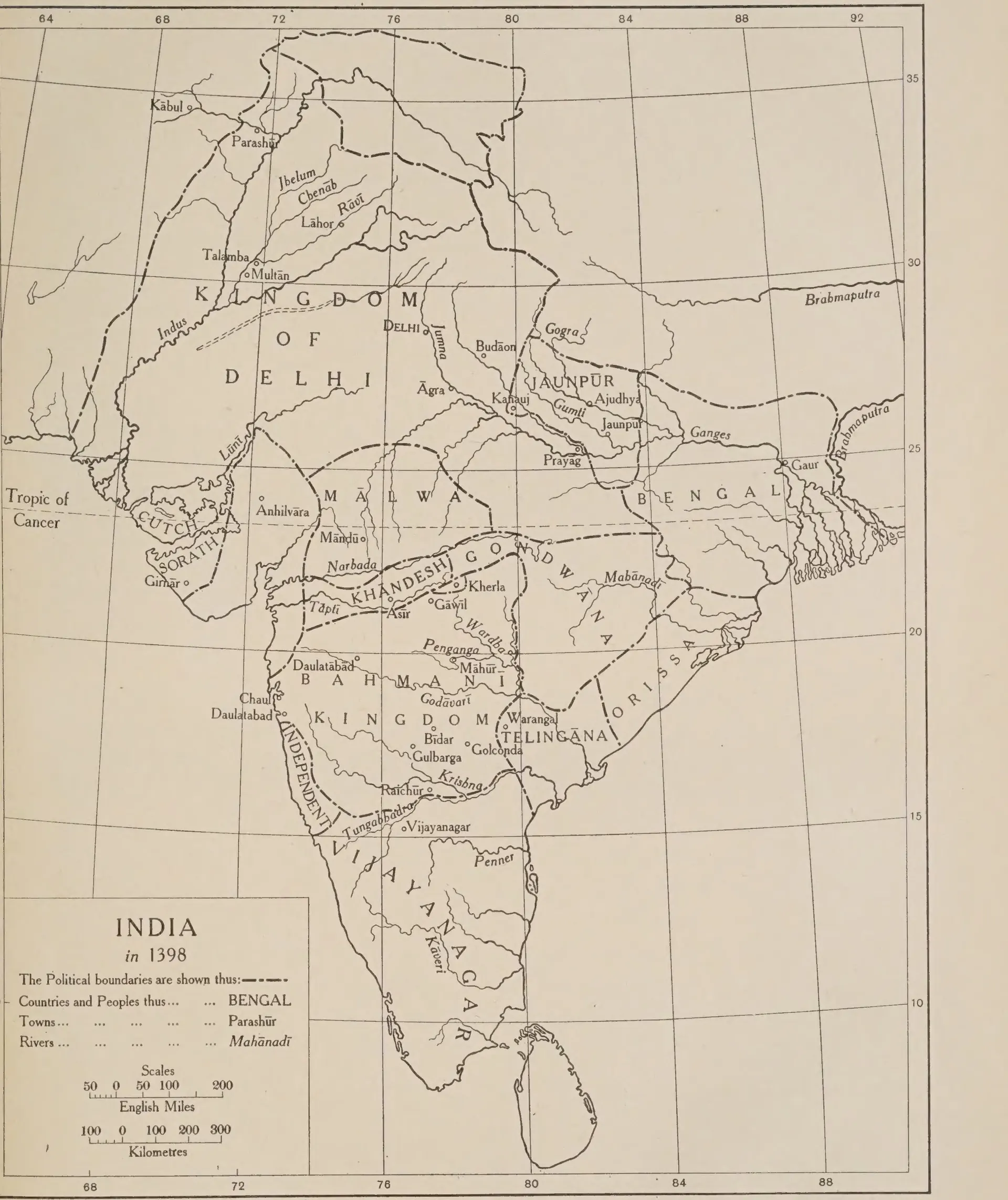 Printed outline map of India with political boundaries in dash-dot lines; in the Deccan it names the Bahmani Kingdom with Gulbarga, Bidar and Golconda, Telingana around Warangal, Orissa to the north-east and Vijayanagar to the south; a title box at lower left reads India in 1398.