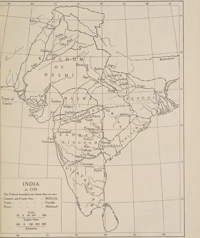 Printed outline map of India with political boundaries in dash-dot lines; in the Deccan it names the Bahmani Kingdom with Gulbarga, Bidar and Golconda, Telingana around Warangal, Orissa to the north-east and Vijayanagar to the south; a title box at lower left reads India in 1398.