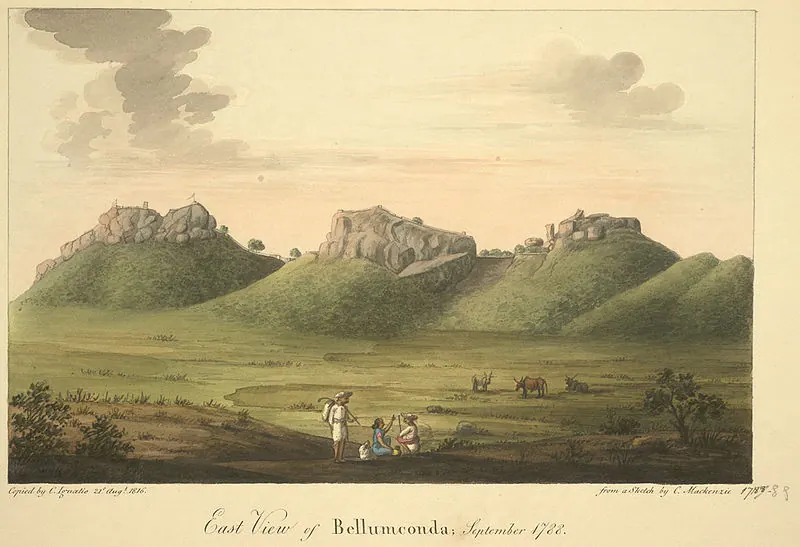 Watercolour of a long green hill crowned by rocky outcrops with fort walls, seen across a plain with grazing cattle and three figures in the foreground; titled "East View of Bellumconda, September 1788".