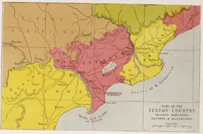 Coloured map of the coastal Telugu country between the Krishna and Godavari rivers, with districts tinted yellow, pink and brown, towns such as Kondapilly, Rajahmundry, Guntoor, Masulipatam and Ongole marked, and hachured hills.