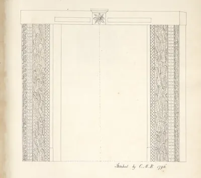 Pen-and-wash drawing of a stone doorway seen from the front: two jambs carved with dense scrolling ornament and a plain lintel with a flower rosette at its centre; signed "C.M.K. 1796".