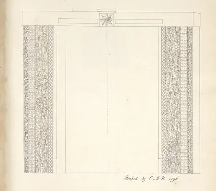 Pen-and-wash drawing of a stone doorway seen from the front: two jambs carved with dense scrolling ornament and a plain lintel with a flower rosette at its centre; signed "C.M.K. 1796".