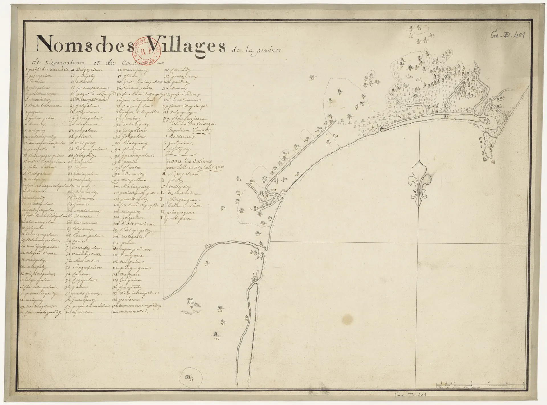 Hand-drawn eighteenth-century map on cream paper: a curving coastline with river mouths, numbered house symbols for villages and small trees, a fleur-de-lis compass mark at sea, and a long numbered list of village names at the left headed "Noms des Villages".