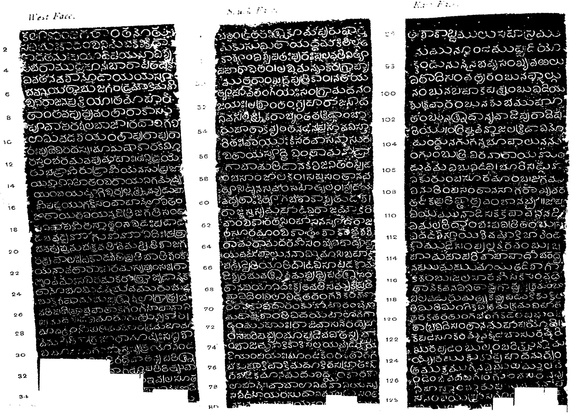 Ink impression of three faces of an inscribed stone pillar printed side by side as tall black columns of white Telugu letters, labelled West Face, South Face and East Face, with line numbers between them.