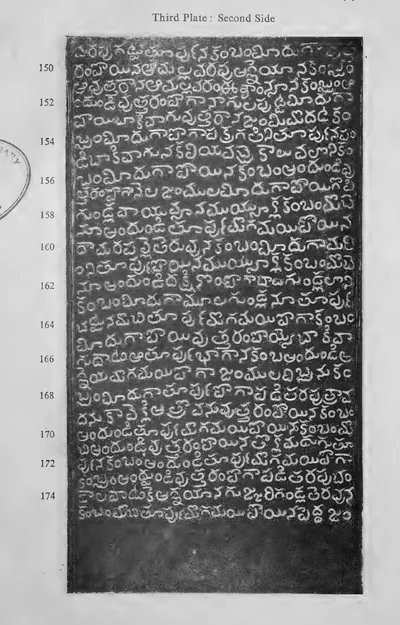 Photograph of one inscribed copper-plate face, upright and narrow, about thirty lines of light Telugu letters on the dark metal, with a raised rim and the ring hole at one end; line numbers printed in the margin.