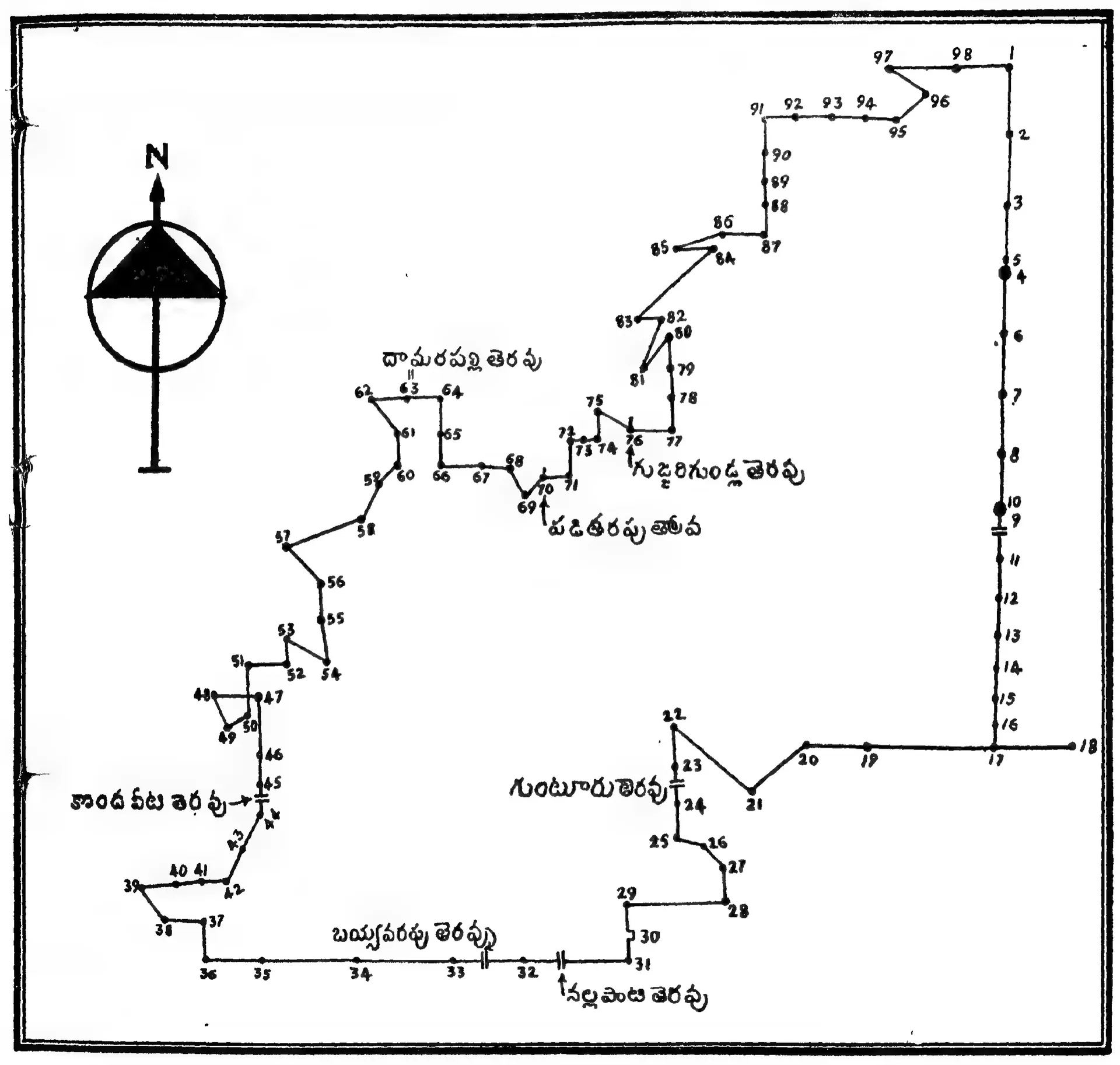 Line drawing in a frame: an irregular boundary traced through numbered points, with Telugu place labels along it and a north arrow at the upper left.