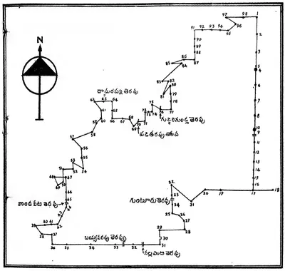 Line drawing in a frame: an irregular boundary traced through numbered points, with Telugu place labels along it and a north arrow at the upper left.
