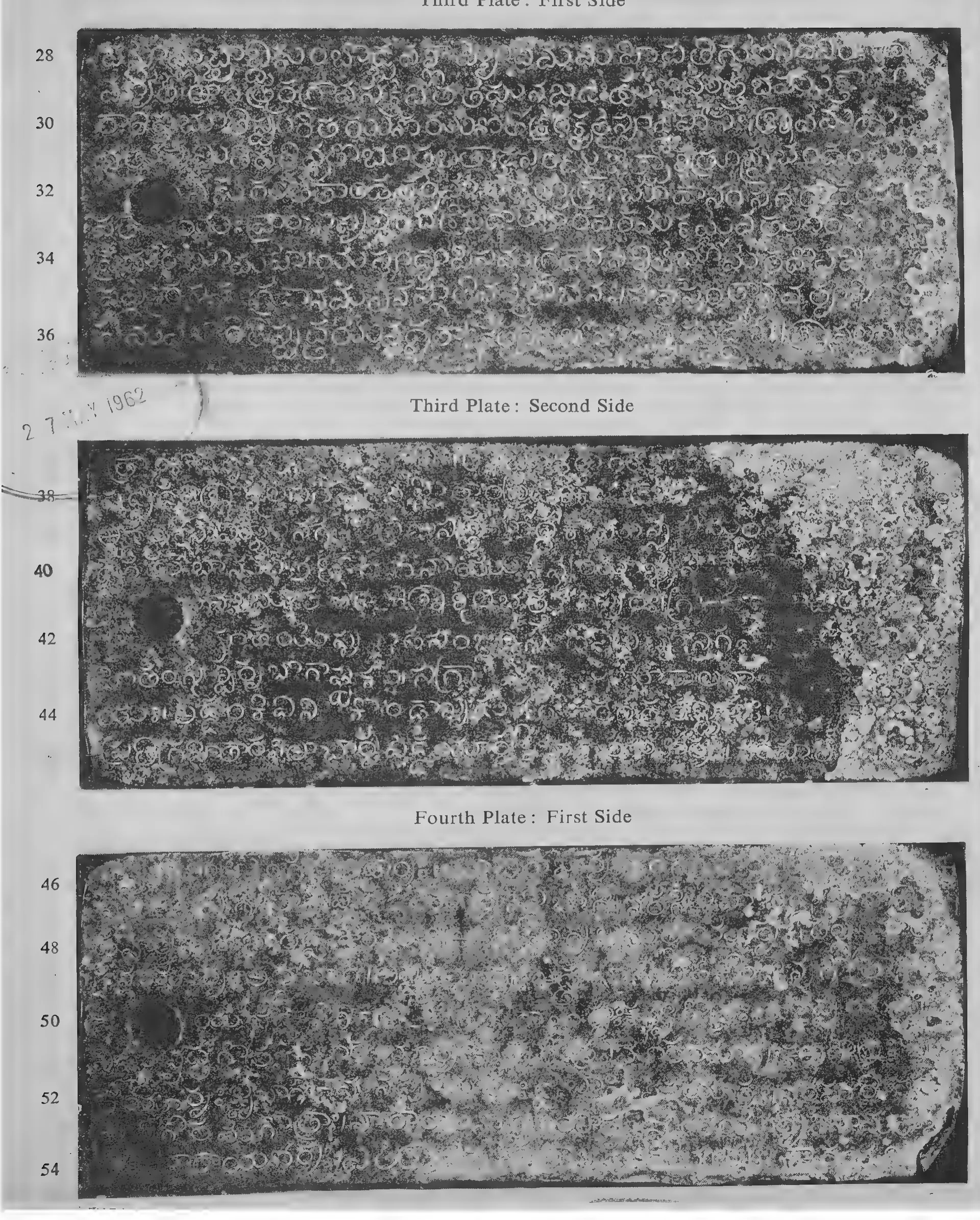 Photograph of three oblong copper-plate faces with Telugu letters and a ring hole at the left of each, partly worn, labelled third plate first and second side and fourth plate first side; a round library stamp in the left margin.