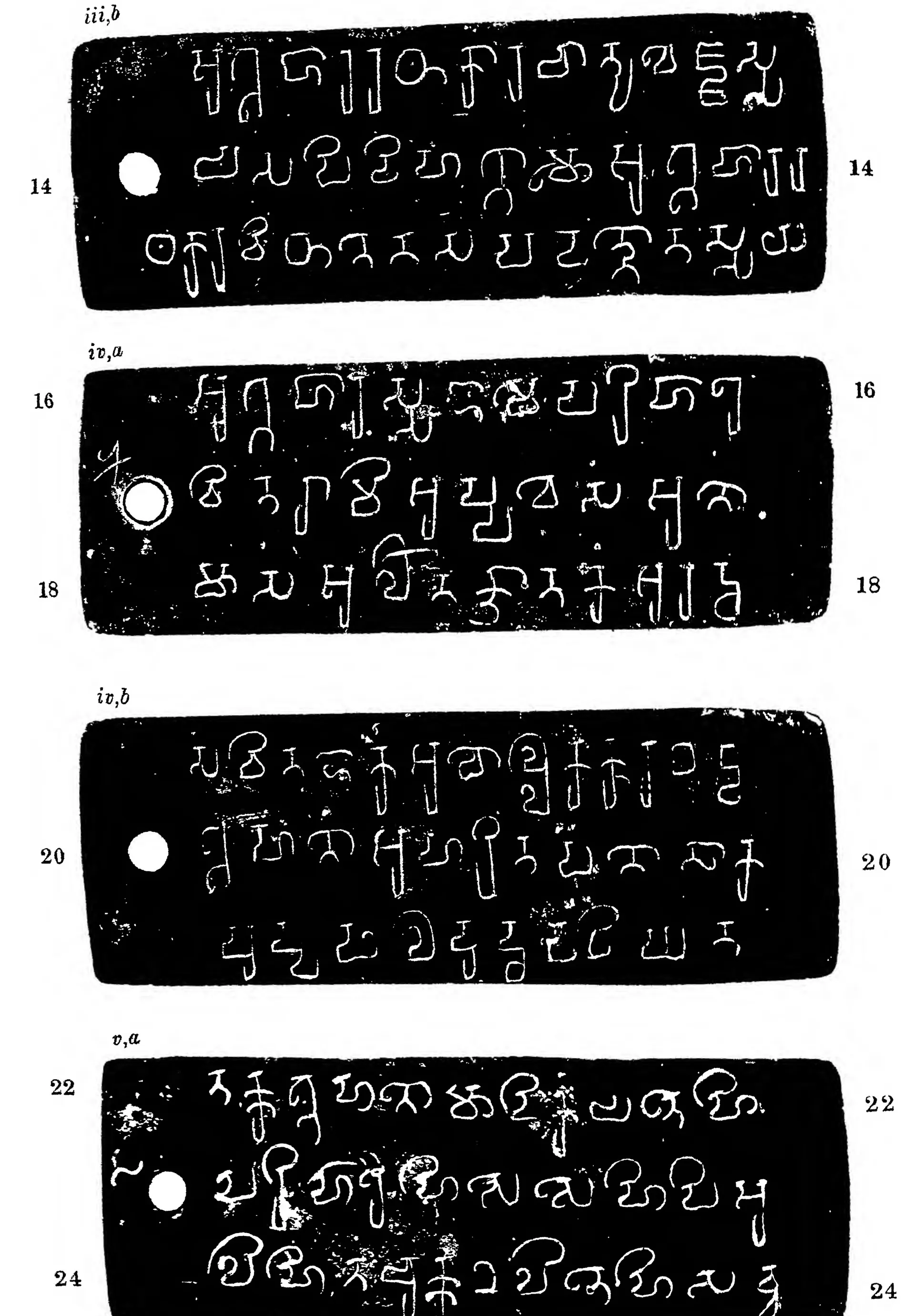 Ink impressions of four inscribed copper plates, white letters on black, each with a ring hole and three lines of early southern Brahmi script, labelled iii b, iv a, iv b and v a, with line numbers 14 to 24.