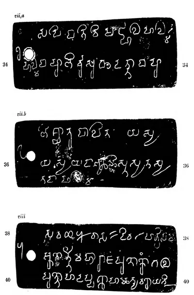 Ink impressions of three inscribed copper plates, white letters on black, each with a ring hole and two or three lines of early southern Brahmi script, labelled vii a, vii b and viii, with line numbers 34 to 40.