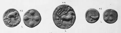 Three lead coins; on the left an elephant walking right with letters around it and, on its reverse, four balls joined by a cross; in the middle a horse standing right; on the right a small two-masted ship with four dots on the reverse.
