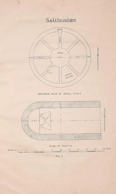 Two measured line drawings; above, a circular brick stupa base built like a wheel with hub, eight spokes and rim, filled with earth; below, the plan of an apsidal shrine with thick hatched walls and the image platform in the apse.