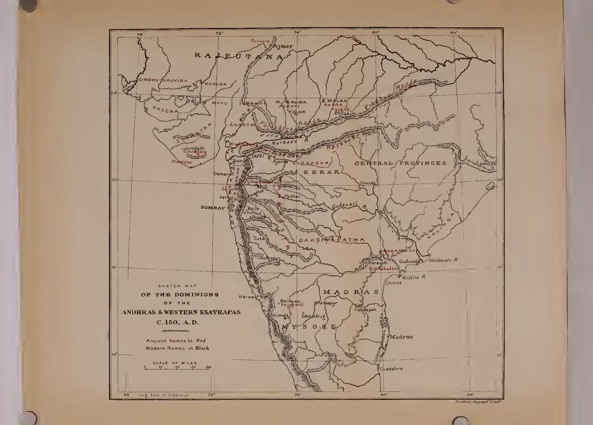 Map of western and southern India from Rajputana to Madras, showing rivers and hill ranges; ancient names printed in red include Dakshinapatha, Andhradesa and Kalinga, with Amaravati, Sri-Kakulam, Gudivada and Chinna marked near the mouth of the Krishna.
