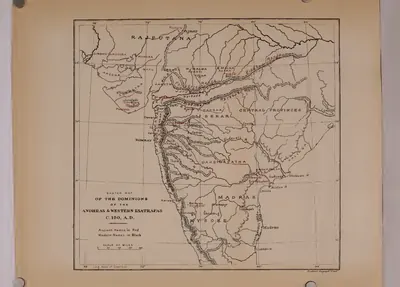 Map of western and southern India from Rajputana to Madras, showing rivers and hill ranges; ancient names printed in red include Dakshinapatha, Andhradesa and Kalinga, with Amaravati, Sri-Kakulam, Gudivada and Chinna marked near the mouth of the Krishna.