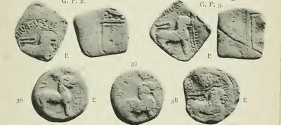 Two square lead coins shown on both faces and three round ones below, each with a lion standing to the right in front of a tree in a railing; the square reverses show a stepped chaitya in a double border.