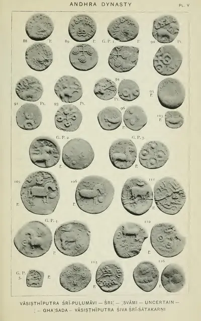 Photographic plate of worn lead and potin coins, both faces of most; small coins at the top show a chaitya, an elephant and two-masted ships, and the large coins lower down show a standing horse or lion.