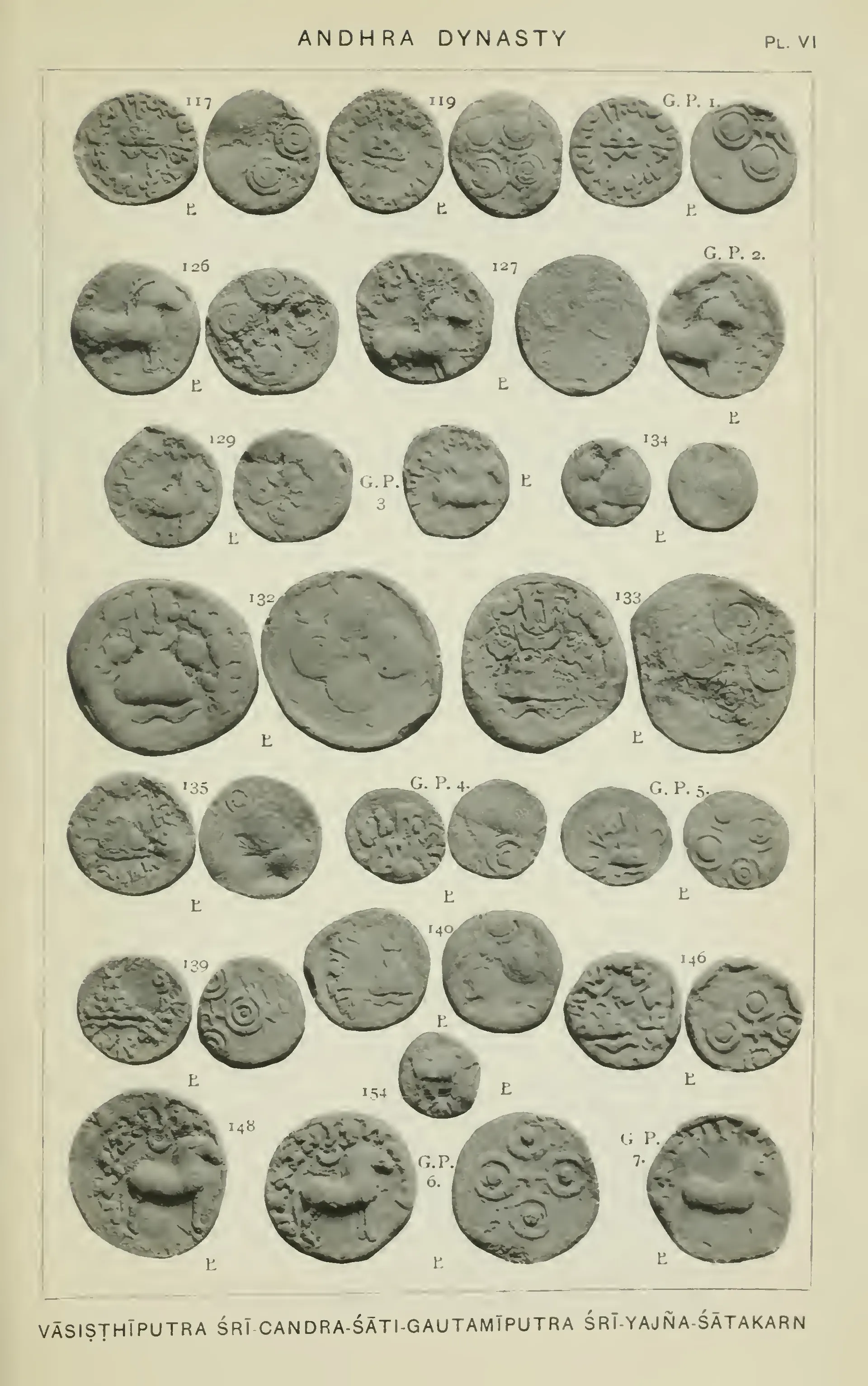Photographic plate of about two dozen worn lead coins, both faces of most, in seven rows; the obverses show an arched chaitya mound or a standing horse, and the reverses four linked circles of the Ujjain symbol.