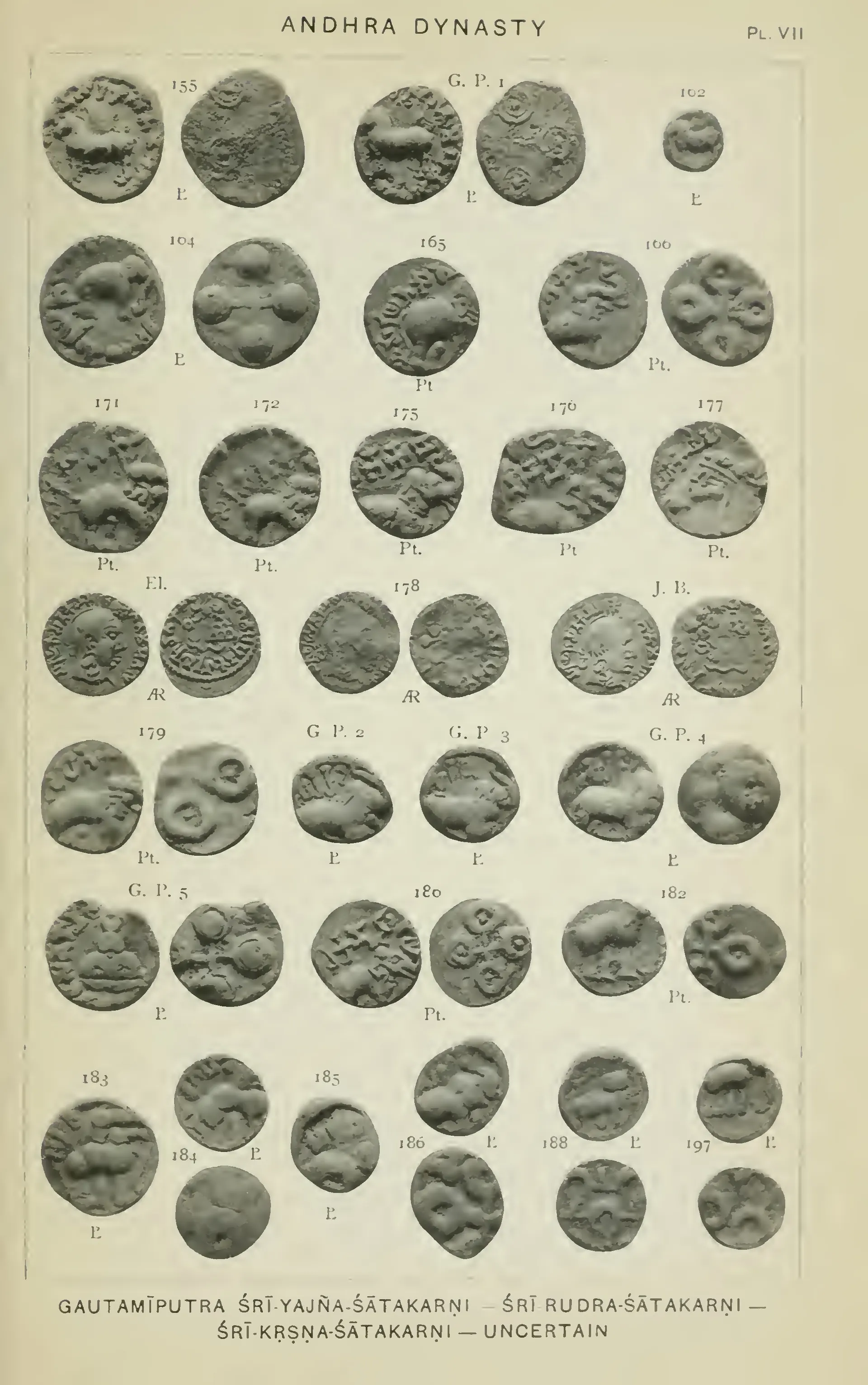 Photographic plate of lead, potin and silver coins in seven rows; most show a horse, an elephant or a chaitya with the four-circled Ujjain symbol on the reverse, and one row has three silver coins with a king's head in profile.