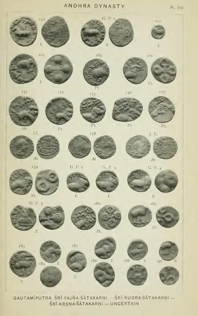 Photographic plate of lead, potin and silver coins in seven rows; most show a horse, an elephant or a chaitya with the four-circled Ujjain symbol on the reverse, and one row has three silver coins with a king's head in profile.