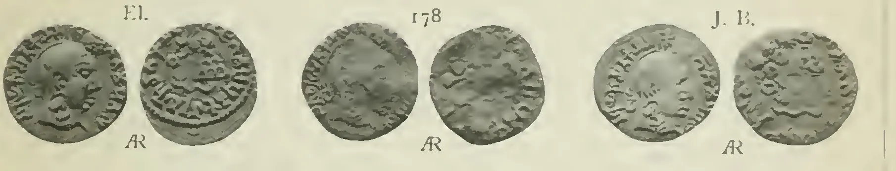 Three silver coins, both faces of each; the obverses show a king's head in profile facing right inside a ring of Brahmi letters, and the reverses a chaitya and Ujjain symbol under a ring of letters.