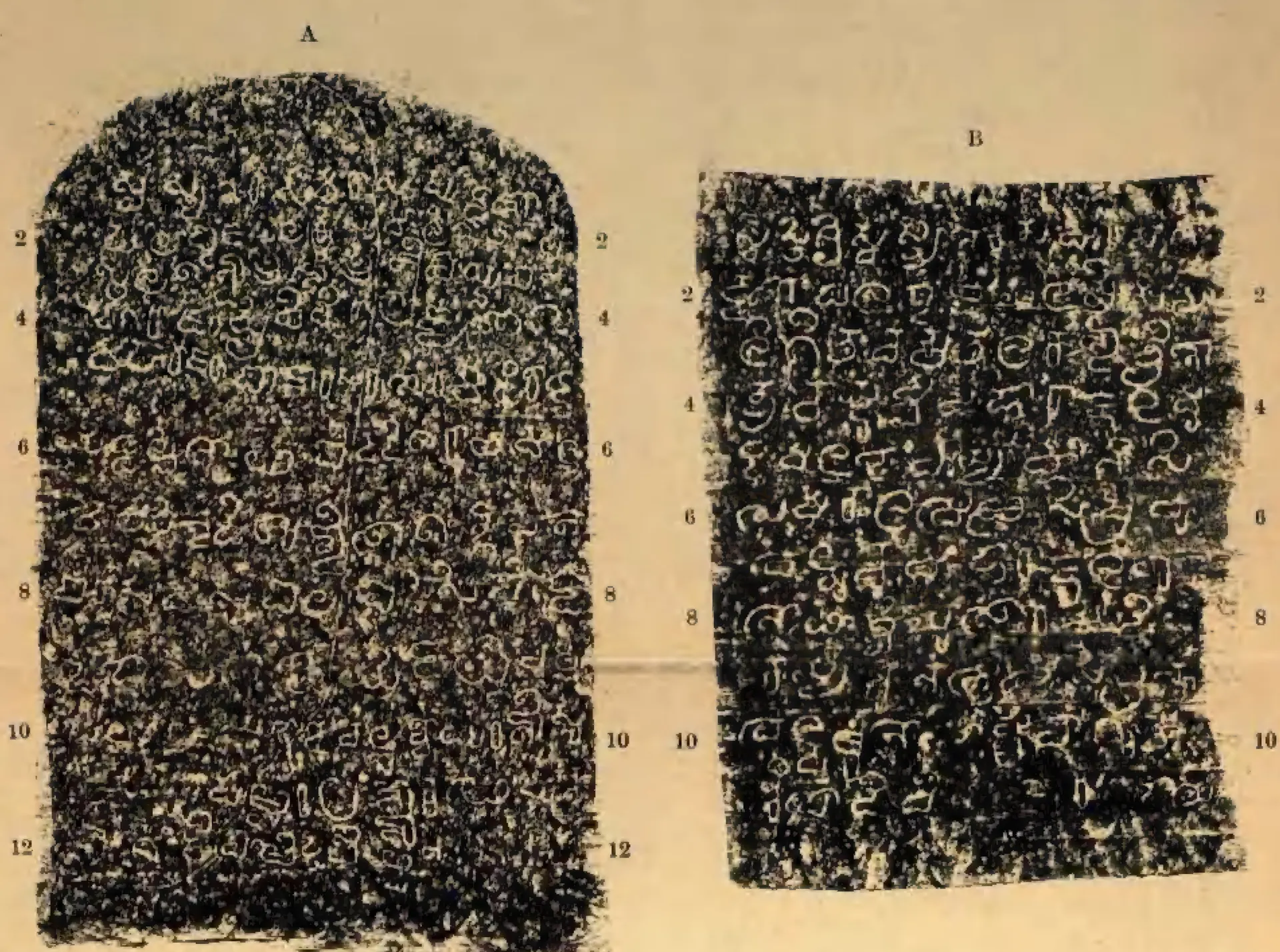 Two dark estampages of inscribed stones side by side, one round-topped (A) and one square (B), each with about ten to twelve lines of old letters and line numbers in the margins.