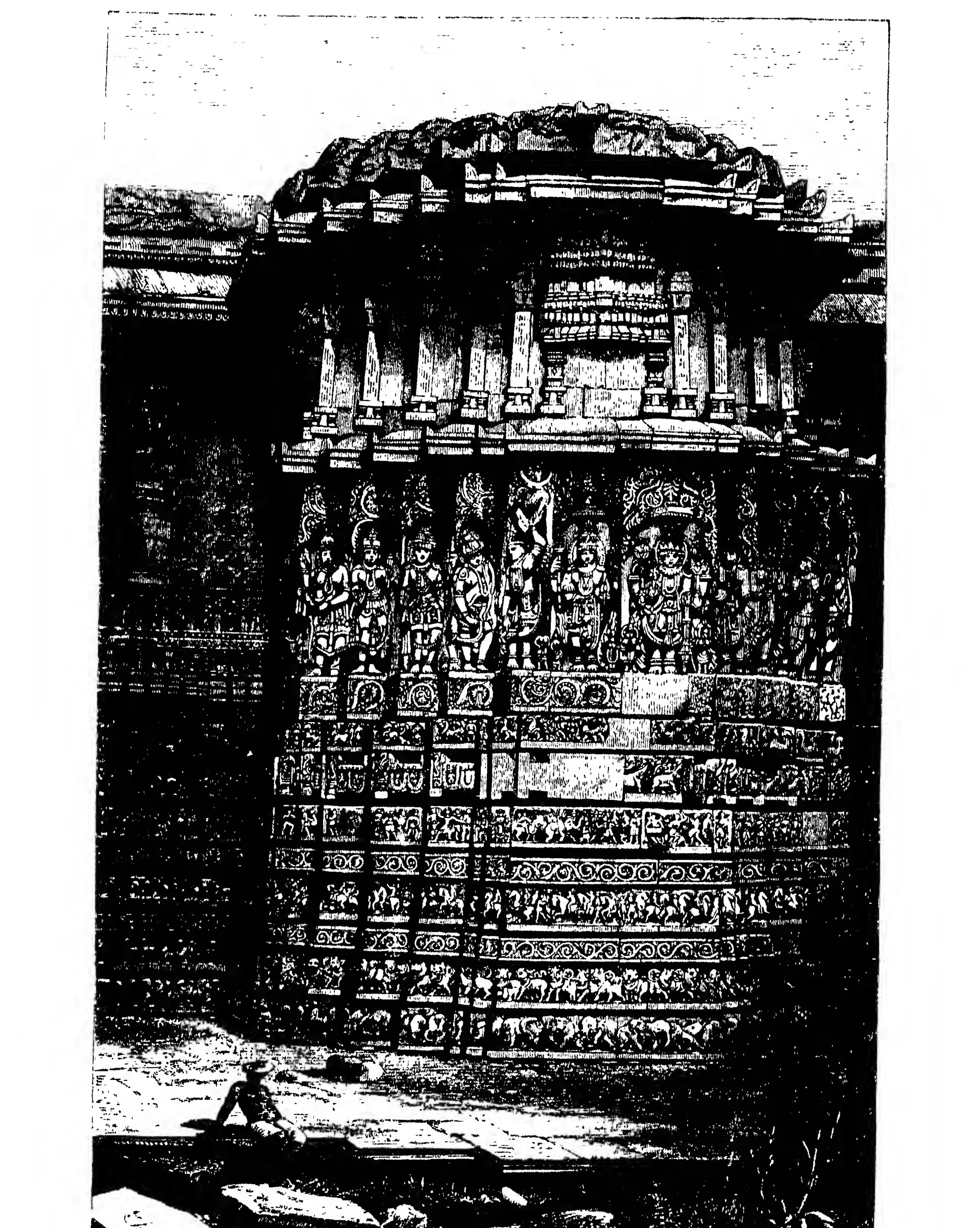 Old wood engraving of the rounded front of a temple pavilion covered with bands of carved friezes and a row of large standing figures, with a man seated on the stones at its foot.