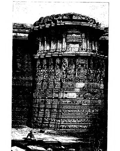 Old wood engraving of the rounded front of a temple pavilion covered with bands of carved friezes and a row of large standing figures, with a man seated on the stones at its foot.