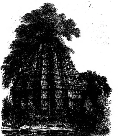 Old wood engraving of a carved stone temple half hidden by a large spreading tree and bushes, with fallen stones in front.