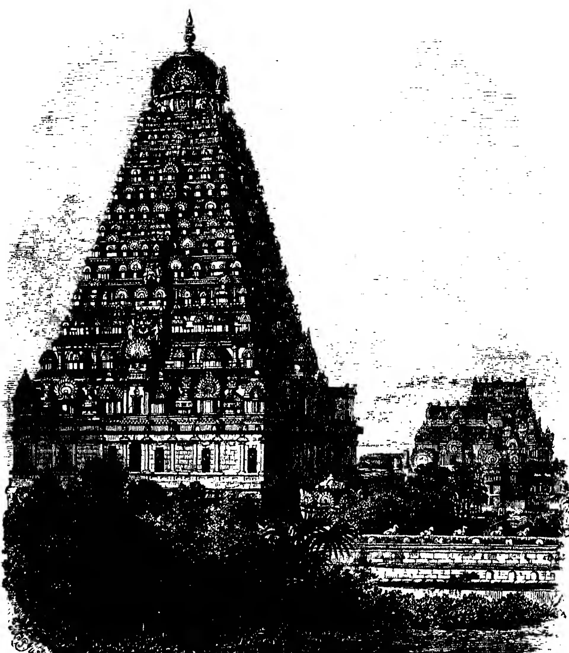 Old wood engraving of a tall pyramidal temple tower of many storeys, topped by a dome, with a smaller gateway tower to the right and trees and a wall in front.