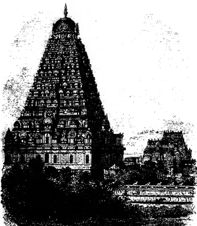 Old wood engraving of a tall pyramidal temple tower of many storeys, topped by a dome, with a smaller gateway tower to the right and trees and a wall in front.