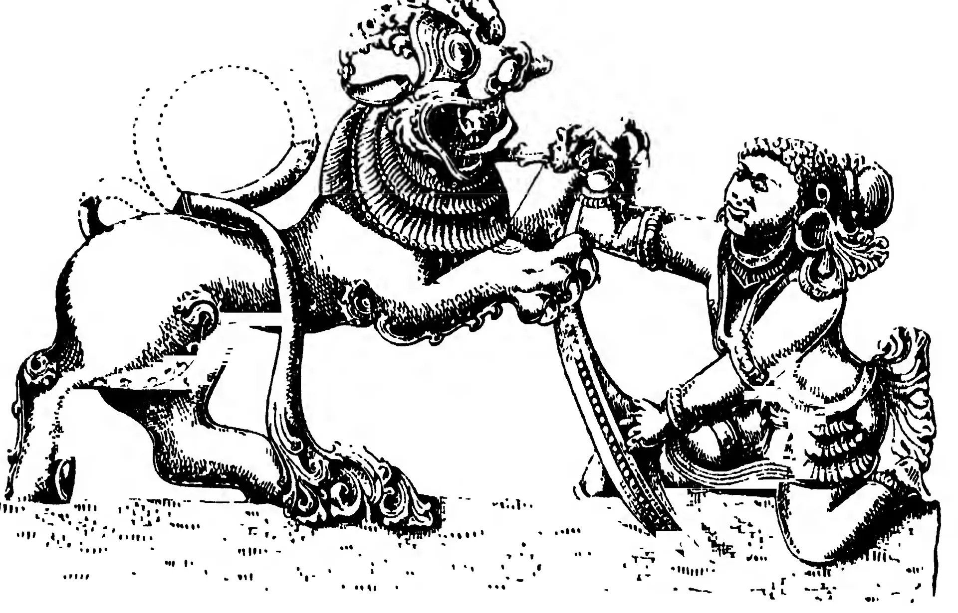 Line drawing of a sculpture of a kneeling man in jewellery and a tall headdress fighting a rearing tiger with a curling mane and tail.