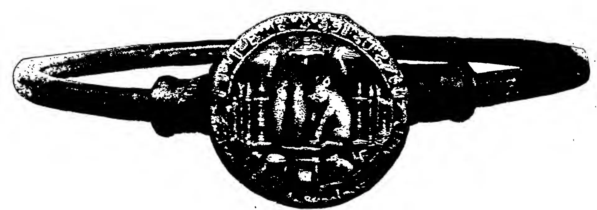 Old photograph of a thick metal ring passing through a large round seal; the seal shows small figures in a row under a canopy, with a legend round the edge.