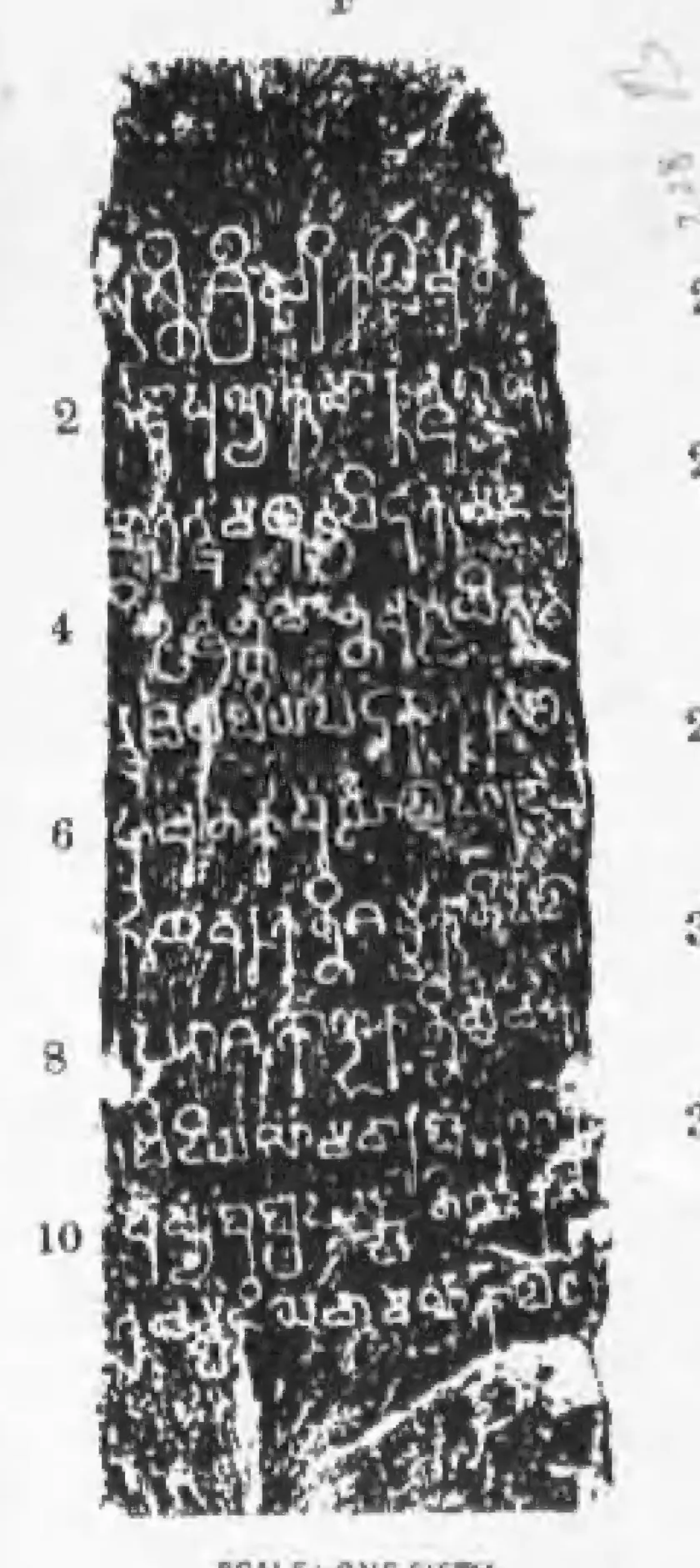Ink impression of a narrow red-stone slab with eleven lines of ornamental early Telugu letters close to the Pallava Grantha style, line numbers 2 to 10 in the margin.