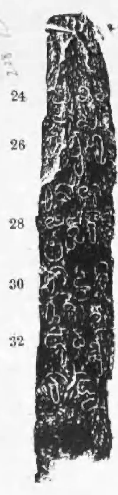 Ink impression of a narrow stone face with short lines of cursive early Telugu letters, line numbers 24 to 32 on the left.